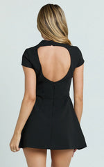 Savanna Mini Dress - High Neck Cap Sleeve Tulip Skirt Dress in Black