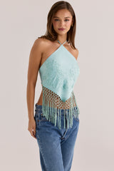 Jade Satin Custom Hand Embellished Halter Neck Top - Limited Edition