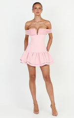 Vienna Mini Dress - Off Shoulder Tiered Hem Dress in Pink