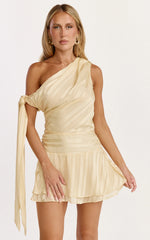 Giselle Mini Dress - Asymmetrical One Shoulder Tie Detail Dress in Lemon