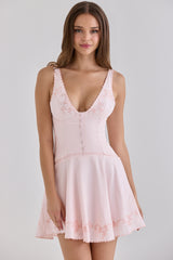 Pink Satin Custom Embroidered V-neck Mini Dress - Limited Edition
