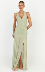 Kori Maxi Dress - Ruched Halterneck Mesh Dress With Racer Back in Sage