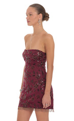 Embellished Strapless Mini Dress in Burgundy