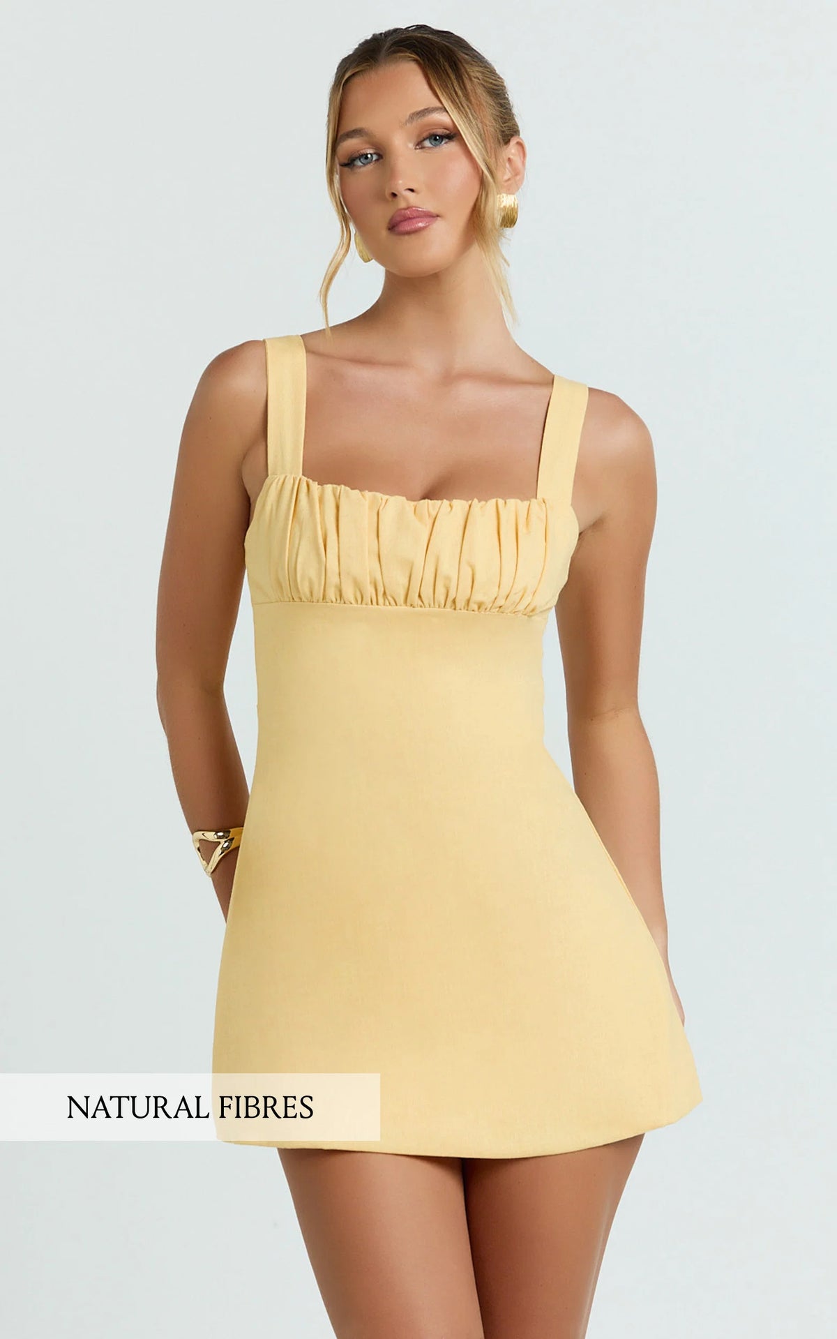 Welmina Mini Dress - Square Neck Front Placket Dress in Lemon