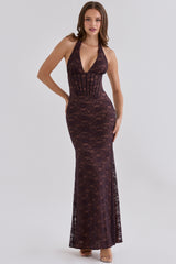 Chocolate Brown Lace Contouring Silhouette  Maxi Dress