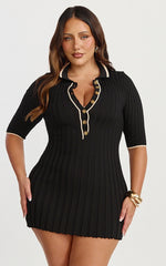 Lada Mini Dress - Short Sleeve Button Front Knit Dress in Black