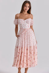 White Rose Print Georgette Ribbon Midi Dress