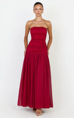 Kyra Maxi Dress - Strapless Lace Bodice Contrast Skirt Dress in Wine