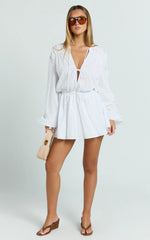 Felix Mini Dress - Front Tie Bishop Sleeve Dress in White