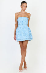 Maristella Mini Dress - Strapless Lace Up Back A Line Dress in Blue
