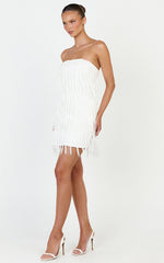 Kyle Mini Dress - Strapless Tassel Bodycon Dress in White