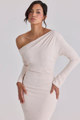 Vintage Ivory Draped Crepe One Shoulder Midi Dress