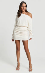 Alyce Mini Dress - Long Sleeve One Shoulder Dress in Off White