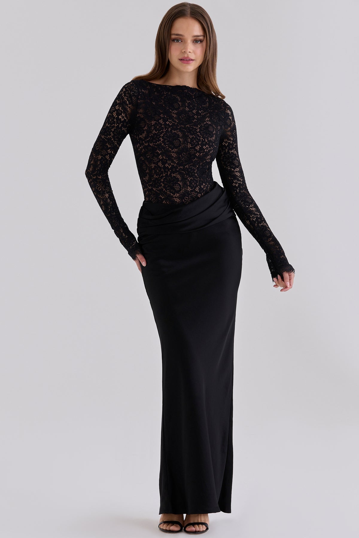 Black Corded Lace + Satin Draped Maxi Dress