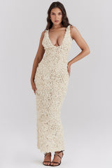 Creme Plunge Floral Appliqué Maxi Dress
