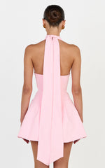 Helia Mini Dress - High Halter Neck Scarf Detail A Line Dress in Pink