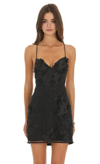 Floral Appliqué Strappy Mini Dress in Black