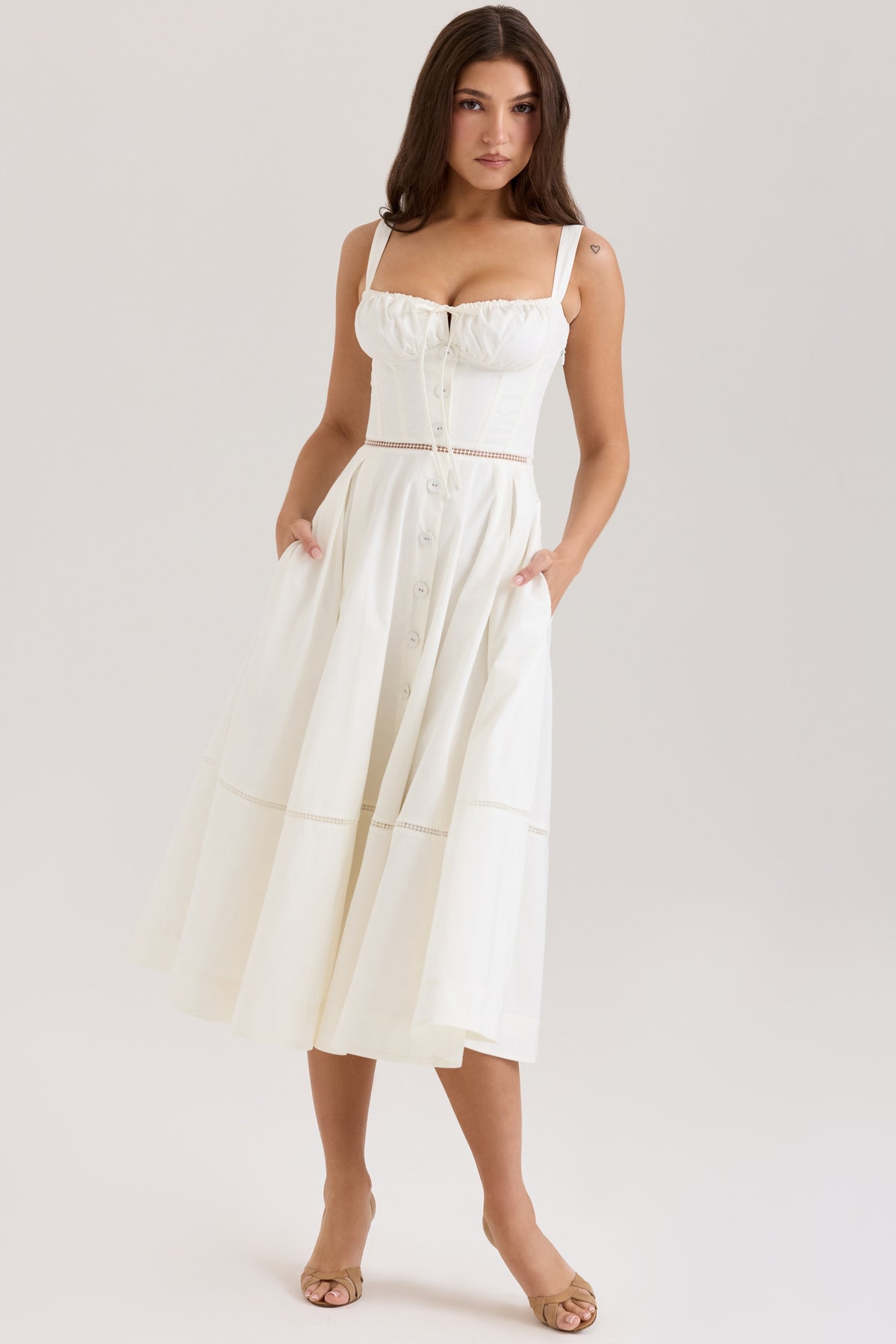 White Cotton Button Front Midi Dress