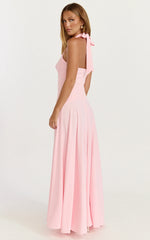 Poppy Maxi Dress - Contrast Skirt Deep Plunge Halter Dress in Soft Pink