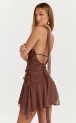 Jett Mini Dress - Scarf Neck Asymmetric Hemline Georgette Dress in Chocolate