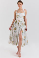 Soft Blue Vintage Ribbon Print Chiffon Midi Dress