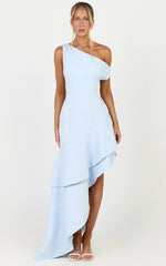 Alani Maxi Dress - Off Shoulder Asymmetric Flounce Dress in Light Blue