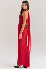 Holly Red Strapless Corset Top With Detachable Neck Scarf