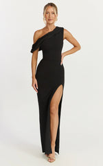 Helen Maxi Dress - One Shoulder Draped Fitted Dress in Black
