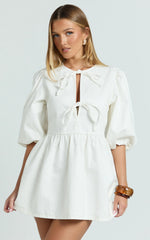 Shailene Mini Dress - Tie Front Puff Sleeve Recycled Denim Dress in Ecru