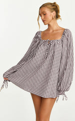 Brixton Mini Dress - Square Neck Smock Dress in Chocolate
