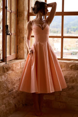 Peach Cotton Pleated Midi Sundress