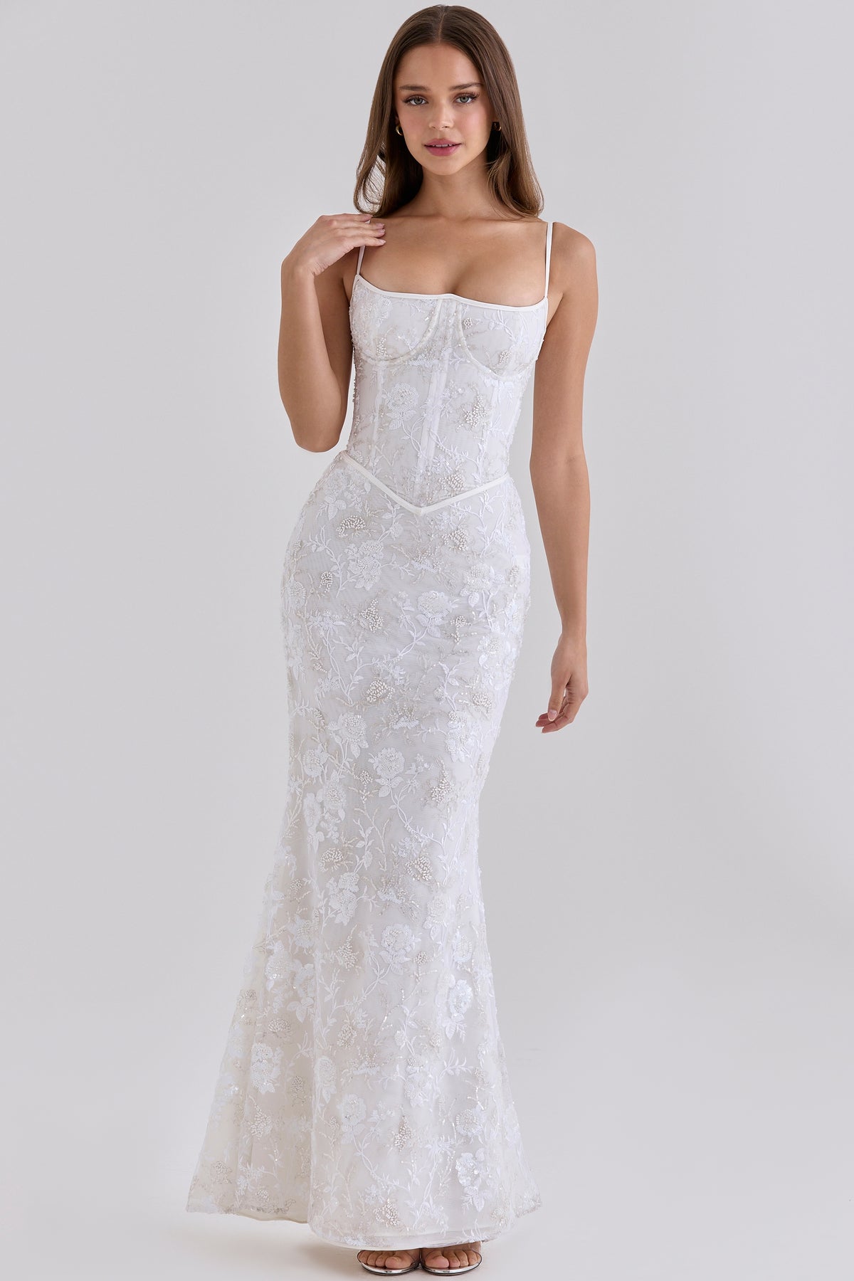 White Hand Beaded Embellished Corset Maxi Dress