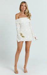 Raymond Mini Dress - Off Shoulder Long Sleeve Fitted Dress in Ivory