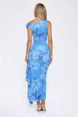 Ocean Bloom One Shoulder Mesh Maxi Dress Blue