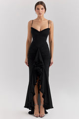 Black Mesh Ruffled Front Gown