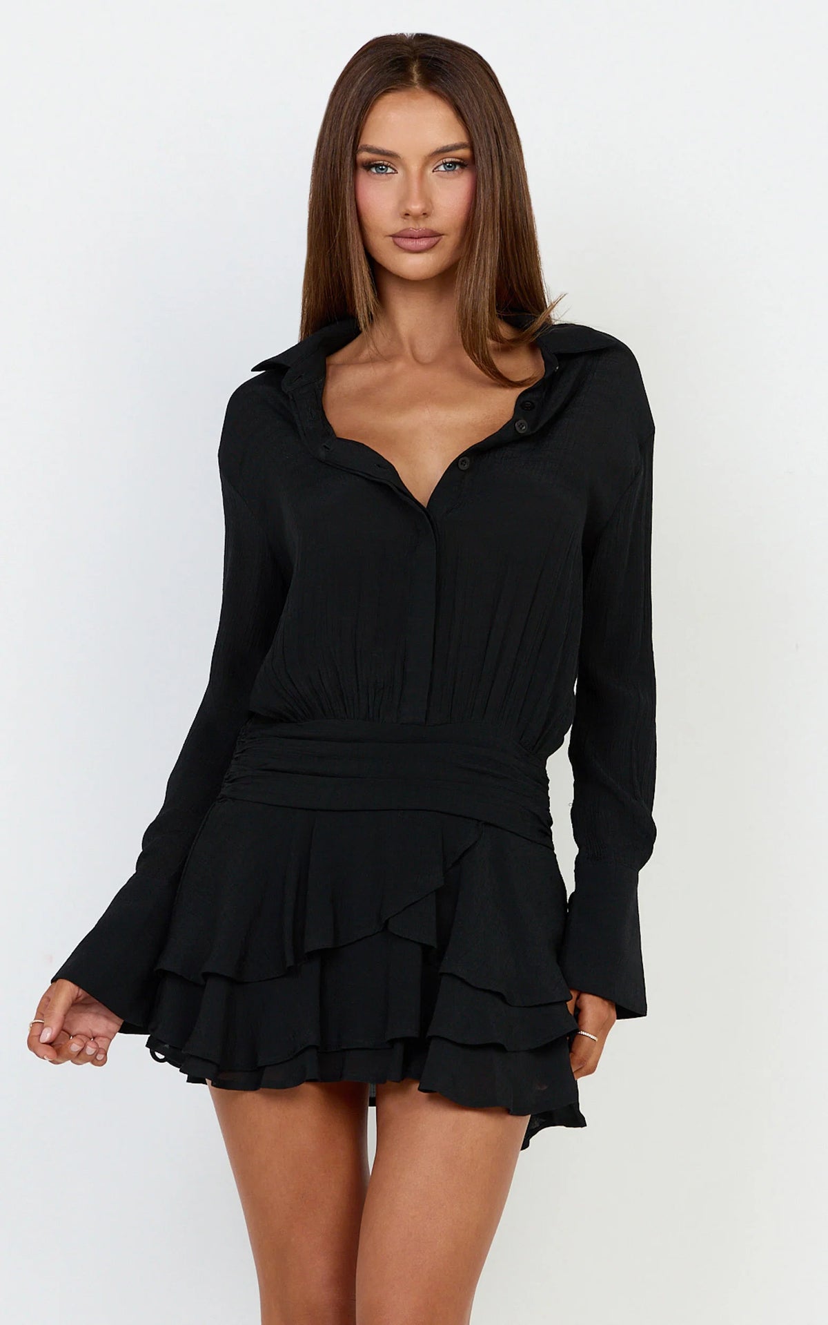 Reef Mini Dress - Long Sleeve Ruffle Skirt Shirt Dress in Black
