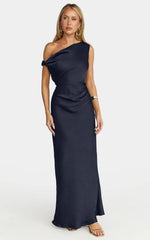 Lira Maxi Dress - One Shoulder Satin Dress in Navy