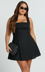 Adiana Mini Dress - Linen Square Neck Shirred Back A Line Dress in Black