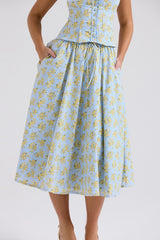 Soft Blue Vintage Floral Print Cotton Midi Skirt