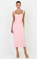 Kenna Midi Dress - Gathered Bust Tucked Waist Dress in Pink