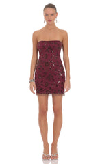 Embellished Strapless Mini Dress in Burgundy