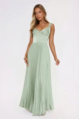 Satin Glow Pleated Maxi Dress Green