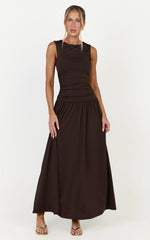 Marguerite Maxi Dress - Gathered Detail Dropped Waist Dress in Dark Chocolate