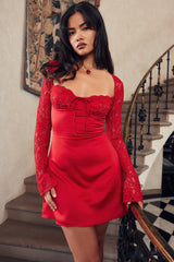 Red Rose Satin And Lace Mini Dress