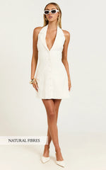 Sammie Mini Dress - Backless Halter Neck Linen Dress in Off White