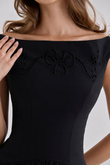 Black Custom Cotton Broderie Anglaise Boat Neck Maxi Dress