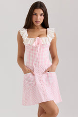 Pink Gingham Cotton Ruffle Neck Mini Dress