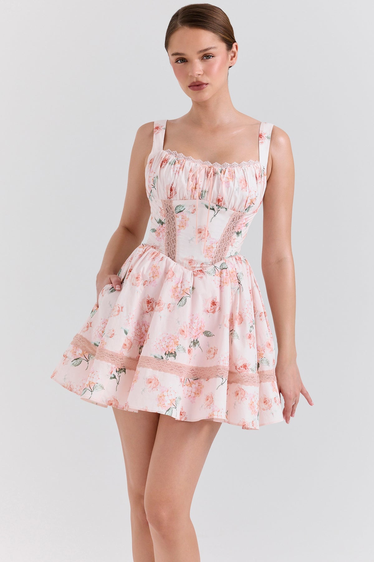 Peach Floral Rose Print Cotton Mini Dress