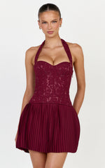 Malia Mini Dress - Lace Corset Bodice Pleated Skirt Halter Dress in Wine