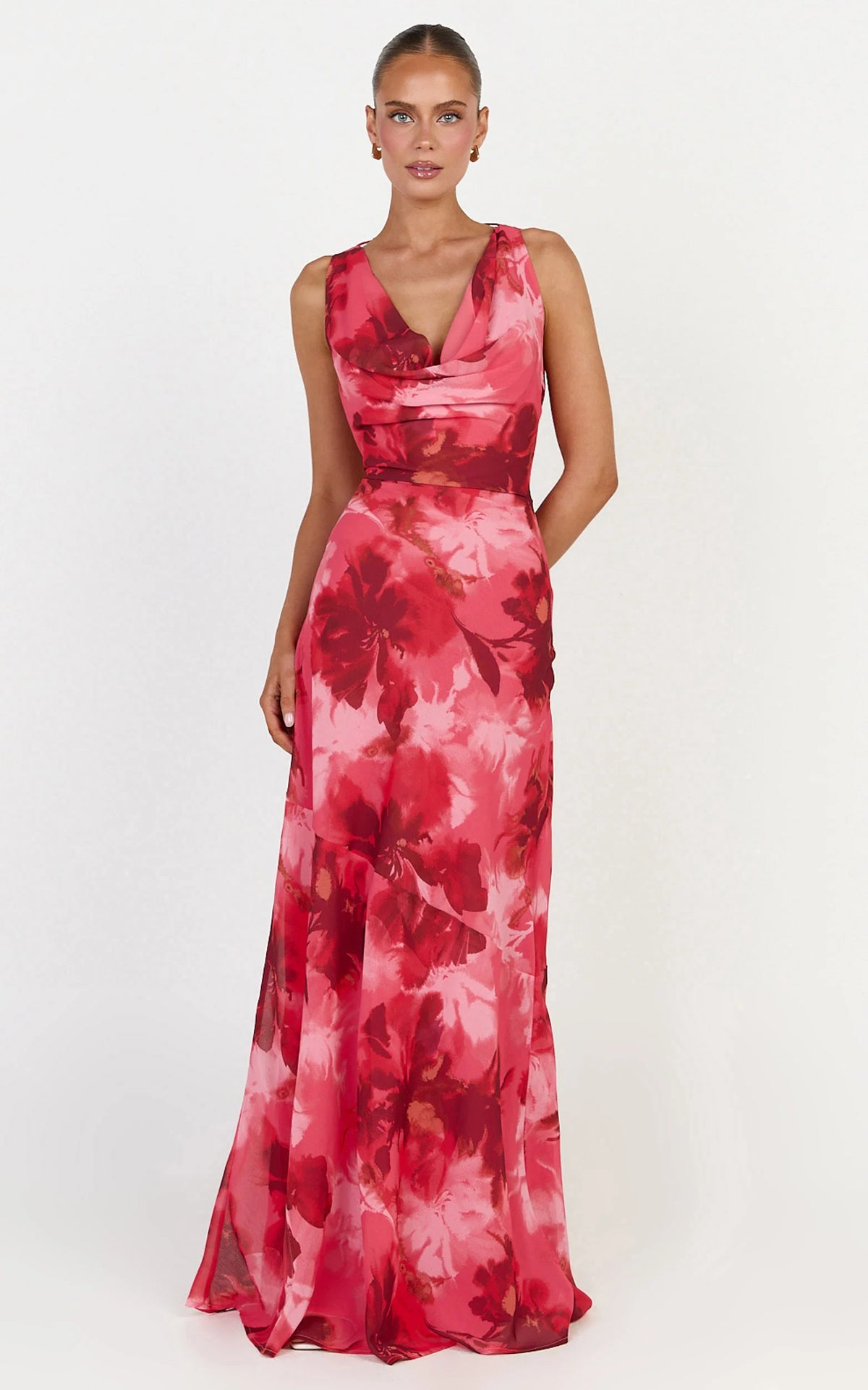 Maila Maxi Dress - Draped Cowl Neckline Dress in Maila Red Floral Print